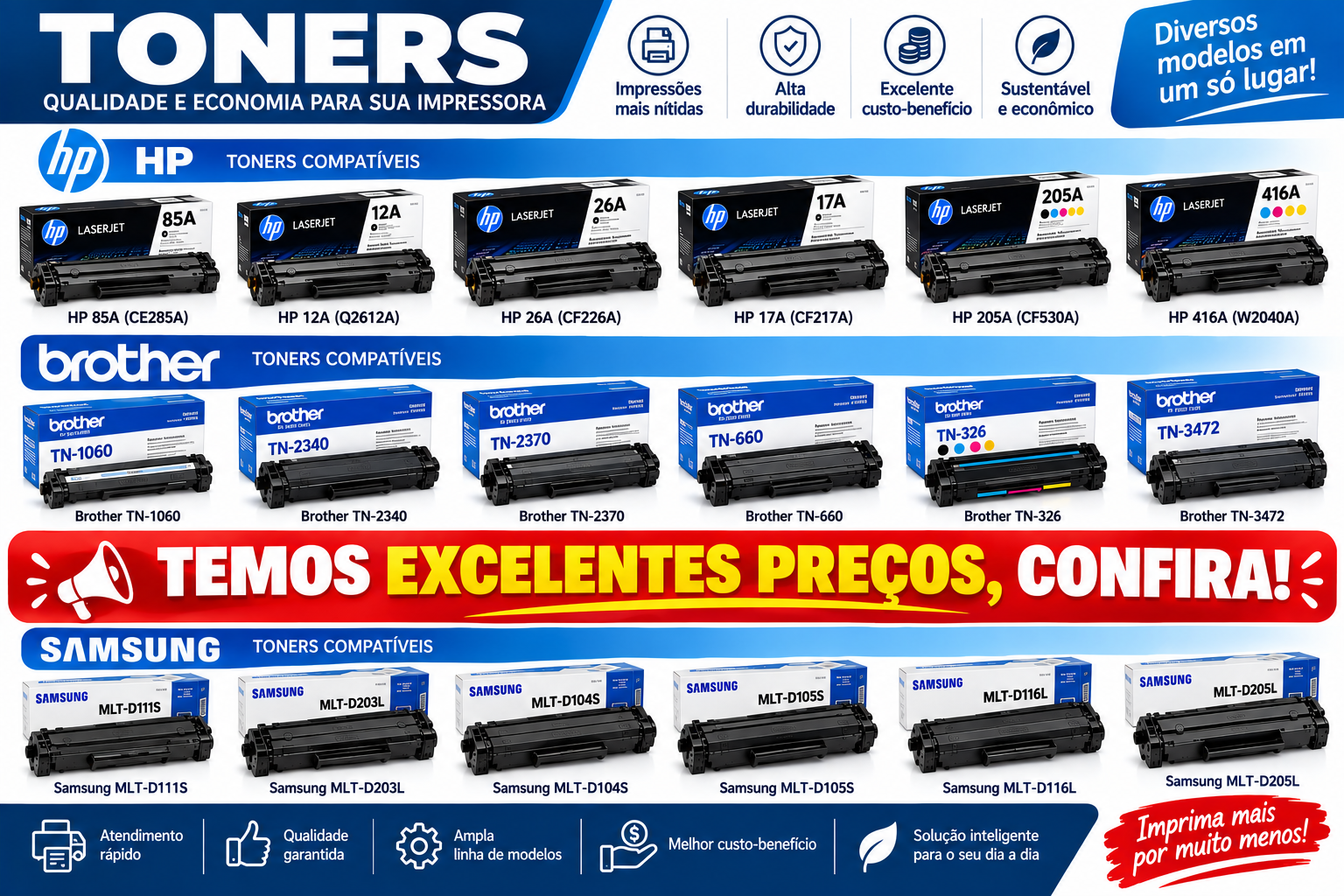 Toners compatíveis HP, Brother e Samsung