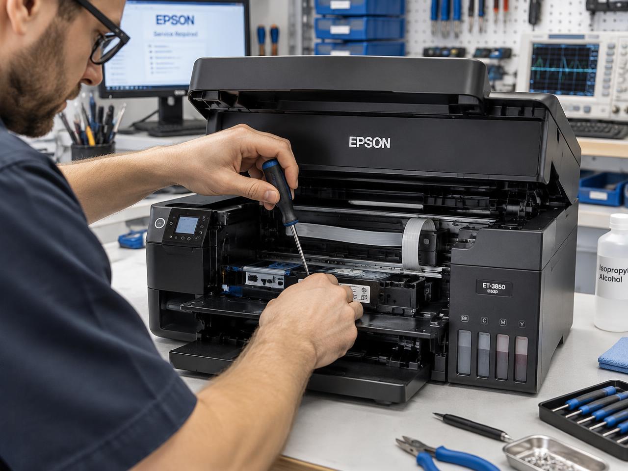 Técnico realizando manutenção de impressora Epson