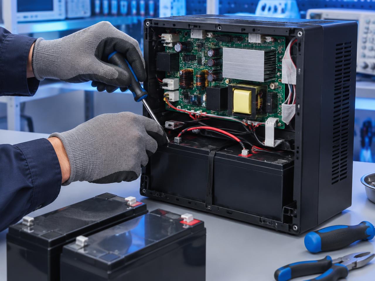Técnico reparando nobreak em bancada