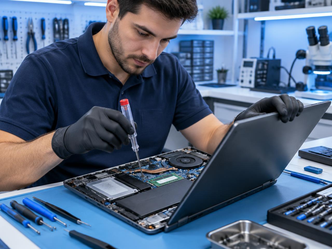 Técnico consertando notebook em bancada técnica