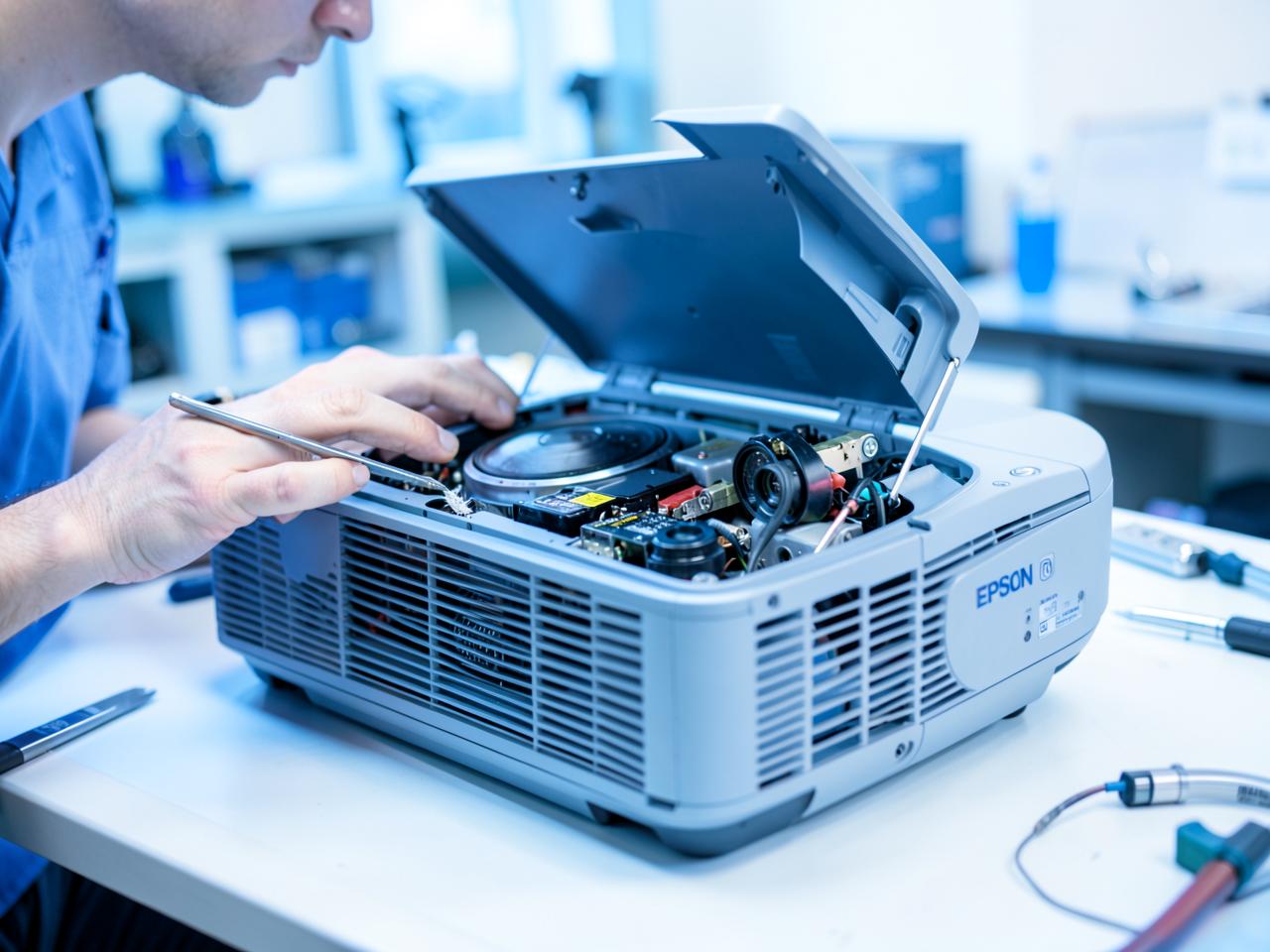 Técnico realizando manutenção em projetor Epson
